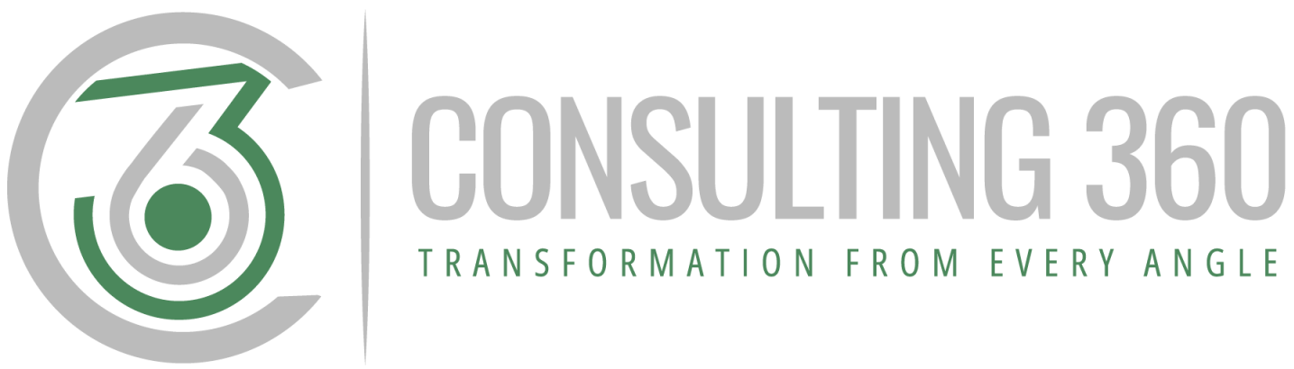 Consulting 360 logo withn a 3,6,0 and C on top of each other. It says consulting 360 transformation from every angle